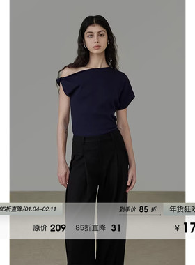 UNSPOKEN斜肩T恤女露肩气质高级设计感修身不对称斜肩上衣夏新款
