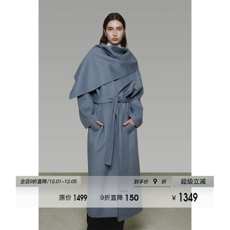 UNSPOKEN围巾领长款双面呢大衣女冬季2025新款氛围慵懒感毛呢外套