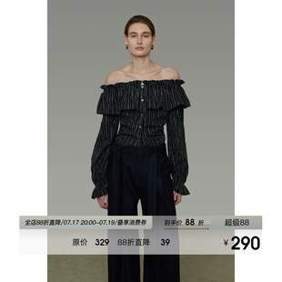 UNSPOKEN条纹一字肩衬衫女双层荷叶边领口复古气质高级感露肩上衣