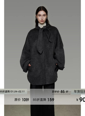 UNSPOKEN宽松系带领双面呢外套100羊毛冬季新款小众设计毛呢大衣