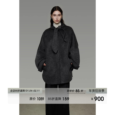 UNSPOKEN宽松系带领双面呢外套100羊毛冬季新款小众设计毛呢大衣