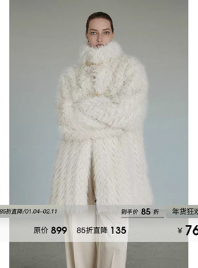 UNSPOKEN白色牛角扣仿皮草外套女冬装稻谷纹理高级感宽松加厚大衣