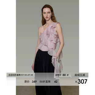 UNSPOKEN淡紫色衬衫女斜肩设计感飘带气质修身小众露肩高级感上衣