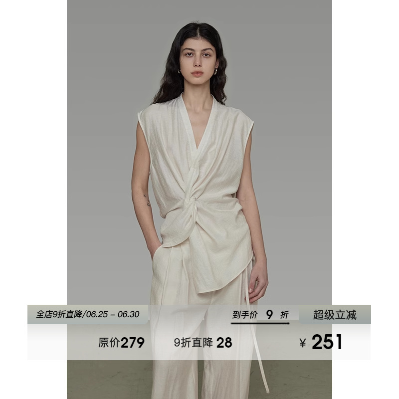 UNSPOKEN无袖交叉扭结V领衬衫女2025夏季新款小众简约气质上衣