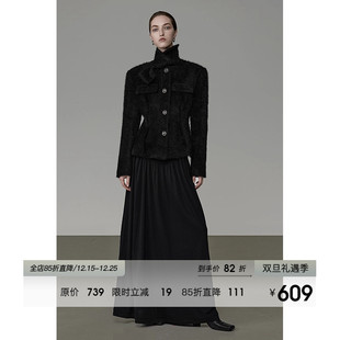 UNSPOKEN复古收腰显瘦高级法式 气质设计感小众立领黑色秋冬外套女