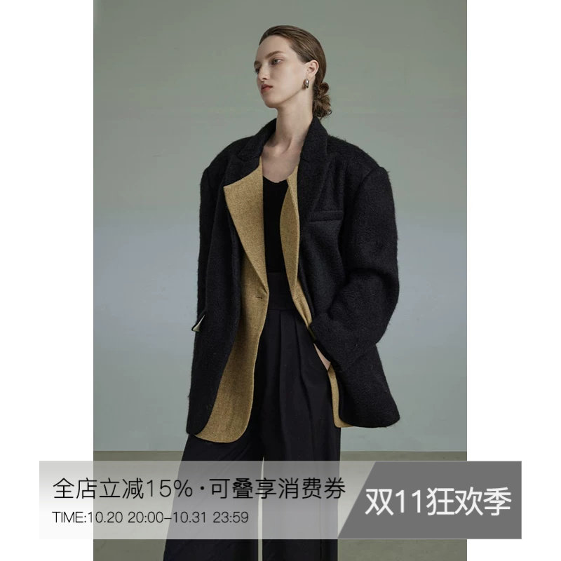 UNSPOKEN黑色加厚毛呢西装外套女冬季保暖防风高级感宽松呢子大衣