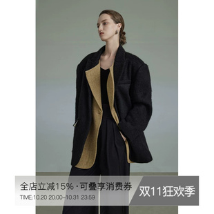 UNSPOKEN黑色加厚毛呢西装外套女冬季保暖防风高级感宽松呢子大衣