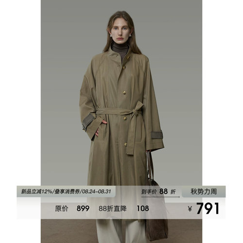 UNSPOKEN立领风衣女军绿色长款单排扣宽松系带高级感法式显瘦外套
