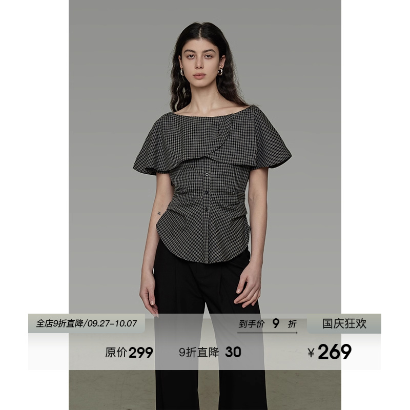 UNSPOKEN复古格纹荷叶边一字肩衬衫女2025夏季新款慵懒感收腰上衣