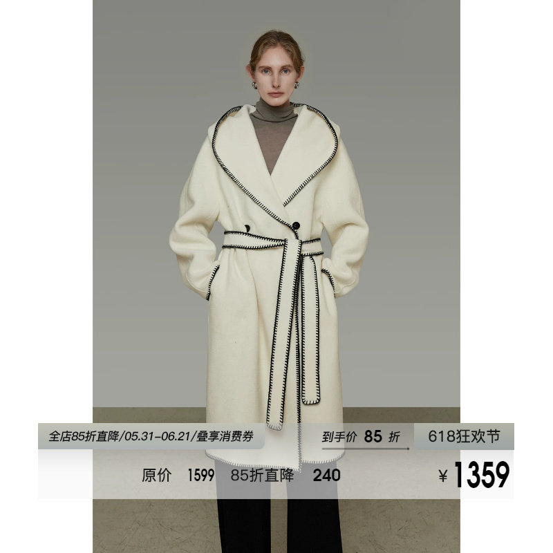 UNSPOKEN100羊毛撞色连帽双面呢大衣女冬季慵懒感中长款毛呢外套