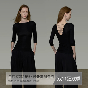 UNSPOKEN法式黑色上衣女露背修身七分袖小众高级感显瘦设计感T恤