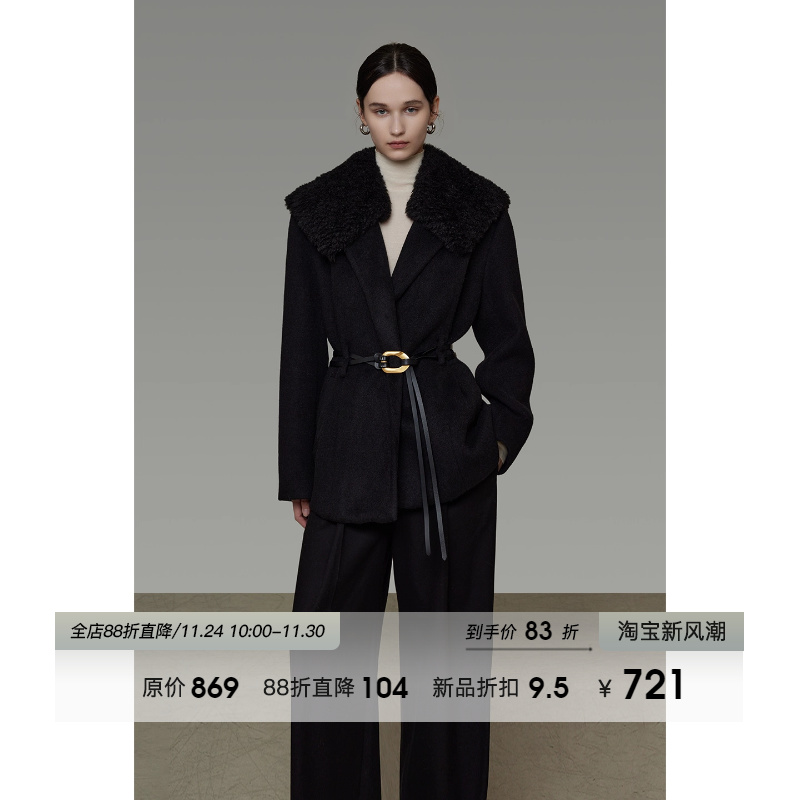 UNSPOKEN拼接毛领毛呢外套