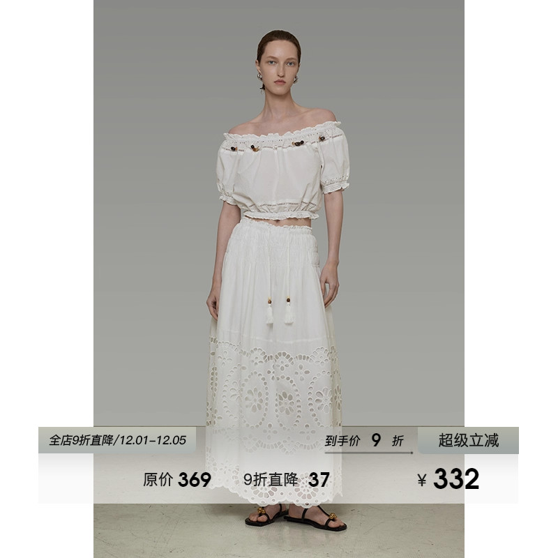 UNSPOKEN镂空一字肩短袖衬衫夏季原创设计感镂空半身裙气质两件套