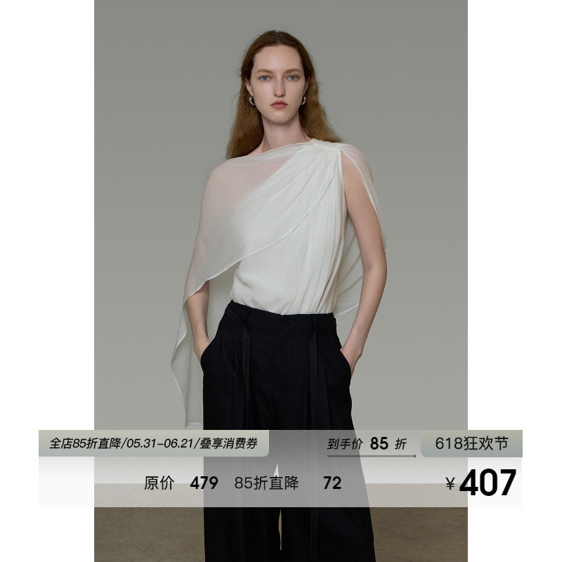 UNSPOKEN法式白色衬衫女无袖飘带独特修身斜肩显瘦设计感小众上衣