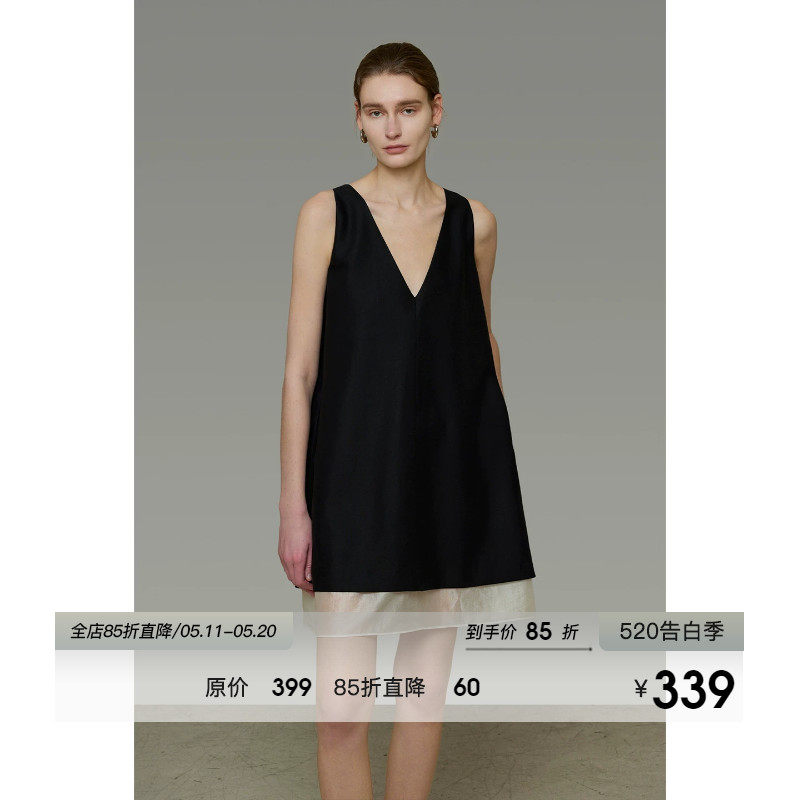 UNSPOKEN撞色无袖连衣裙V领小众设计感宽松中裙法式气质显瘦裙子