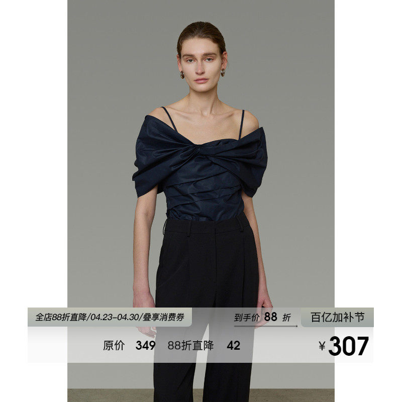 UNSPOKEN法式露肩衬衫女吊带上衣设计感小众扭结气质显瘦短袖衬衣