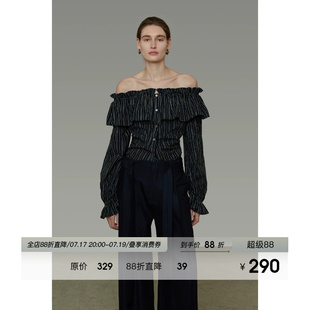 UNSPOKEN条纹一字肩衬衫女双层荷叶边领口复古气质高级感露肩上衣