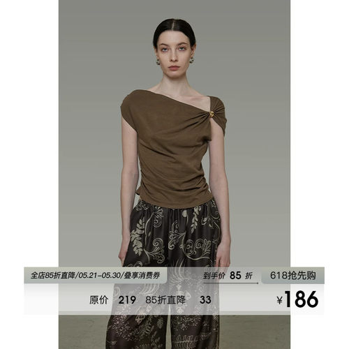 UNSPOKEN设计感立体装饰不规则斜肩T恤女夏季修身显瘦气质上衣