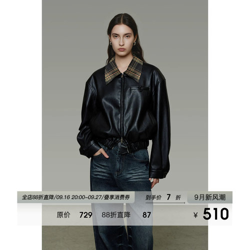 UNSPOKEN经典格纹拼接翻领皮衣外套女秋季宽松设计感短款机车夹克