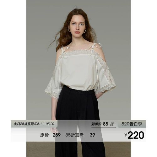 UNSPOKEN法式露肩白色衬衫女吊带设计感气质显瘦镂空花边小众上衣