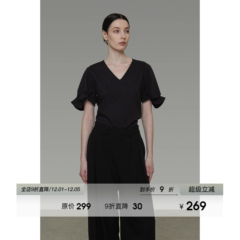 UNSPOKEN设计感V领短袖衬衫女夏2025新款折花袖宽松显瘦气质上衣