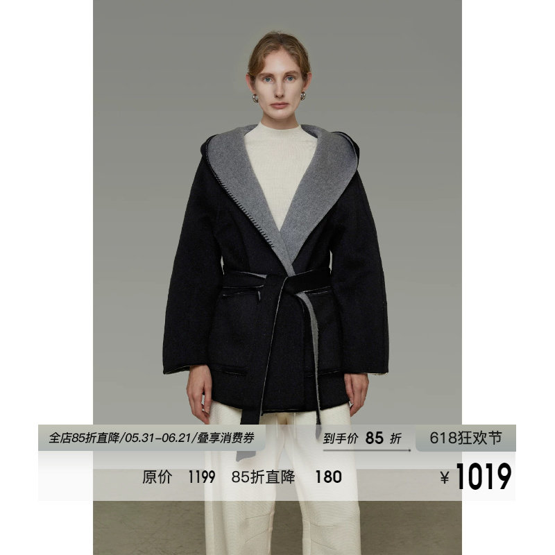 UNSPOKEN100羊毛撞色连帽系带双面呢外套女冬宽松高级感毛呢大衣