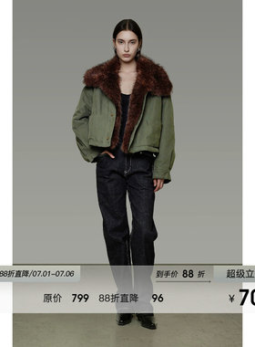 UNSPOKEN拼接毛领棉服外套冬季宽松设计感加厚短款夹克夹棉外套