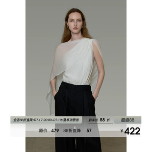 UNSPOKEN法式白色衬衫女无袖飘带独特修身斜肩显瘦设计感小众上衣