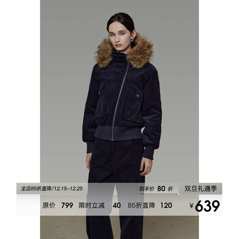 UNSPOKEN不对称拼接斜门襟毛领连帽棉服女冬季加绒加厚短款外套