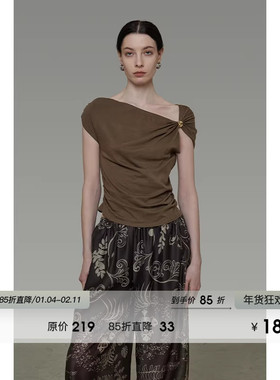 UNSPOKEN设计感立体装饰不规则斜肩T恤女夏季修身显瘦气质上衣