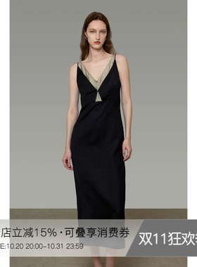 UNSPOKEN撞色连衣裙女假两件V领收腰气质无袖显瘦高级感吊带长裙