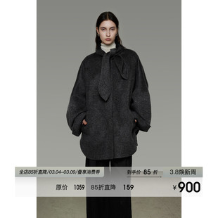 UNSPOKEN宽松系带领双面呢外套100羊毛冬季新款小众设计毛呢大衣