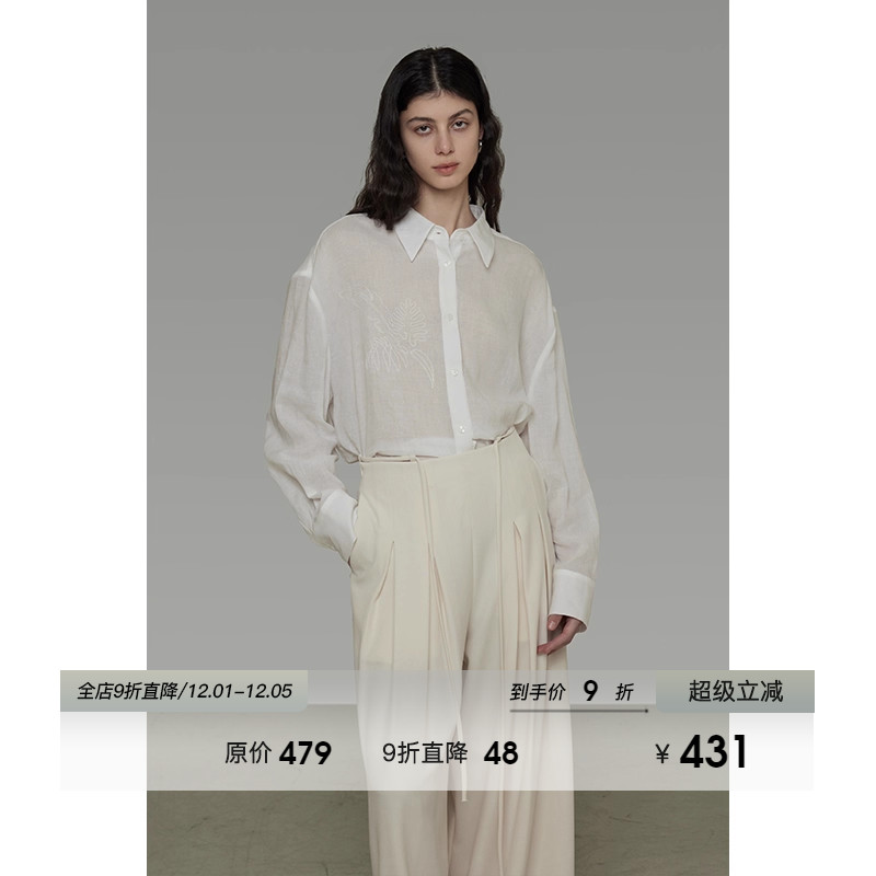 UNSPOKEN简约绣花复古衬衫女2025秋季新款宽松百搭慵懒高级感上衣