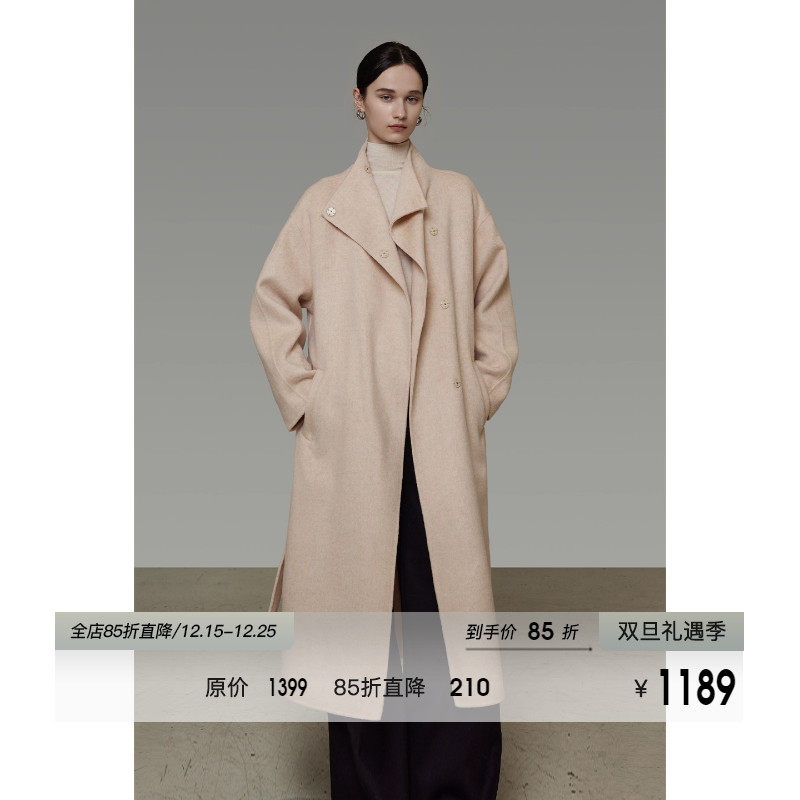 UNSPOKEN100羊毛翻领嵚扣双面呢大衣女冬季2025新款长款毛呢外套