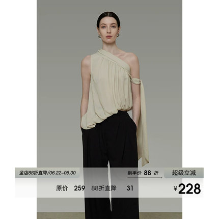 UNSPOKEN法式不规则斜肩上衣女夏季无袖外穿设计感飘带背心吊带