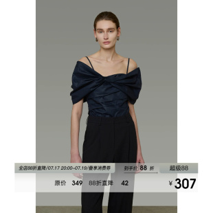 UNSPOKEN法式露肩衬衫女吊带上衣设计感小众扭结气质显瘦短袖衬衣