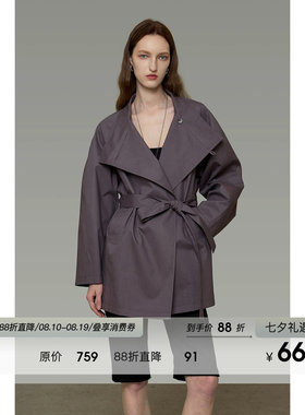 UNSPOKEN法式翻领风衣女短款紫色宽松显瘦系带高级感气质百搭外套