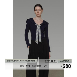 UNSPOKEN复古海军领针织衫女春季撞色条纹飘带修身显瘦设计感上衣