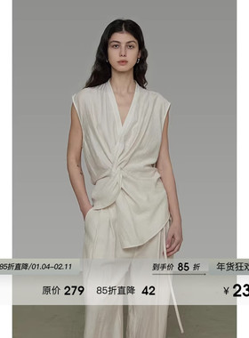 UNSPOKEN无袖交叉扭结V领衬衫女2025夏季新款小众简约气质上衣