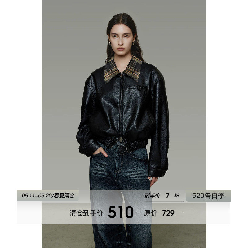 UNSPOKEN经典格纹拼接翻领皮衣外套女春季宽松设计感短款机车夹克