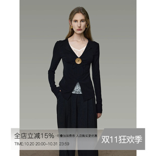 UNSOPKEN黑白撞色蕾丝拼接针织衫女长袖修身气质法式收腰气质上衣