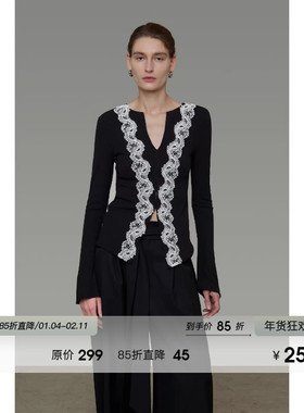 UNSPOKEN蕾丝拼接V领针织衫女2026春装新款原创设计感显瘦打底衫