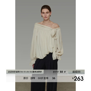 UNSPOKEN法式不规则斜肩衬衫女春季2026新款设计感系带露肩上衣