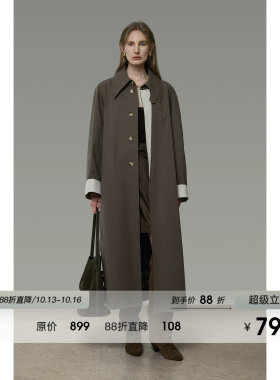 UNSPOKEN撞色风衣女长袖翻领气质高级感前襟复古圆扣气质宽松外套