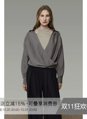 UNSPOKEN假两件衬衫女长袖宽松挂脖领设计感小众气质法式显瘦上衣