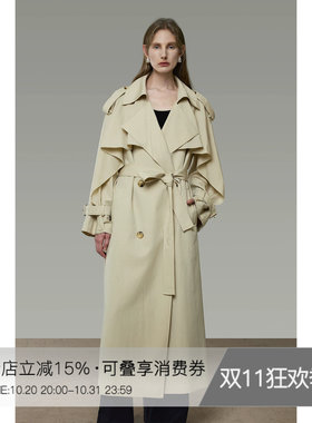 UNSPOKEN高级感风衣女长款宽松浅卡其色显瘦法式双层翻领气质外套