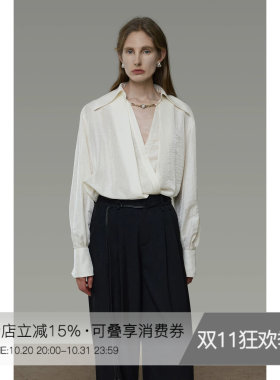 UNSPOKEN假两件V领衬衫女交叉围裹式宽松显瘦设计感独特白色衬衣