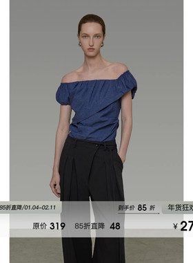 UNSPOKEN不对称一字肩短袖衬衫女2026春装新款修身显瘦高级感上衣