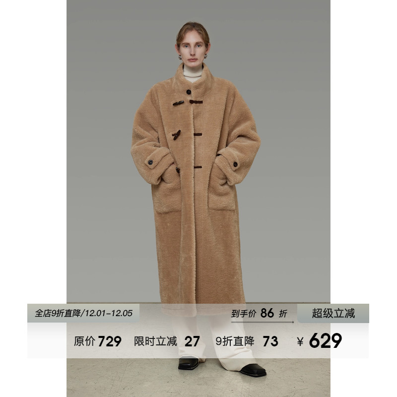 UNSPOKEN复古立领牛角扣皮毛一体女冬2025新款慵懒风长款毛毛外套