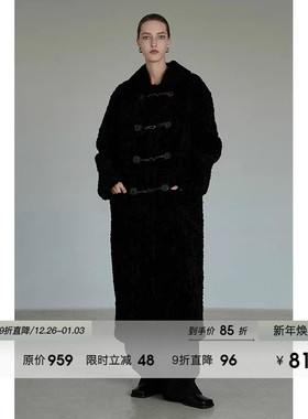 UNSPOKEN黑色牛角扣大衣女仿安卡拉卷毛绒加厚长款外套高级感冬装